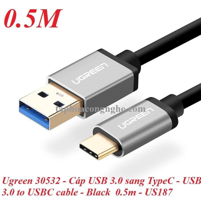 Ugreen 30532 0.5M màu Đen Cáp dữ liệu USB Type-C sang USB 3.0 truyền dữ liệu từ máy tính ra điện thoại US187 30030532